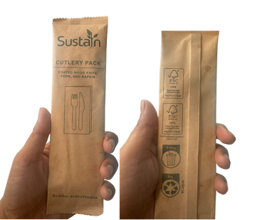 Hands holding certified compostable BioPak packaging — a compostable packaging label on a product that won’t be accepted by most Victorian facilities.