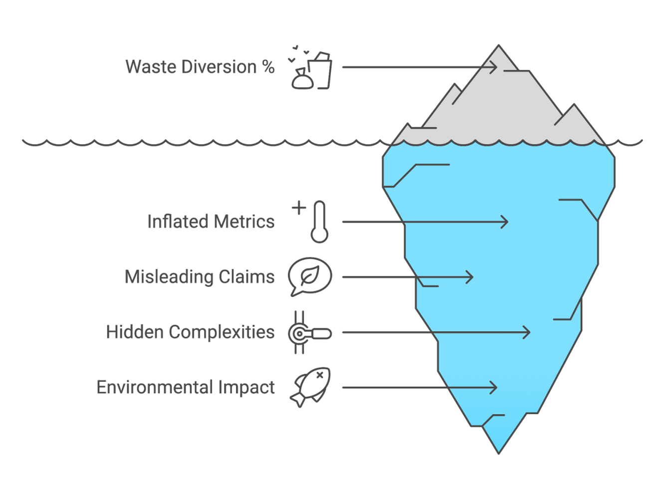 Iceberg visual showing how reported landfill diversion rates only reveal part of the picture—hiding uncounted or misclassified waste streams below the surface.