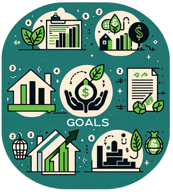 Illustrated graphic showing sustainability and waste reduction goals, including charts, buildings, money, documents, and environmental icons.