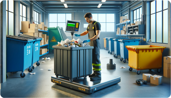 Worker weighing a waste bin on a digital scale in an industrial setting, surrounded by colour-coded recycling bins and cardboard packaging.